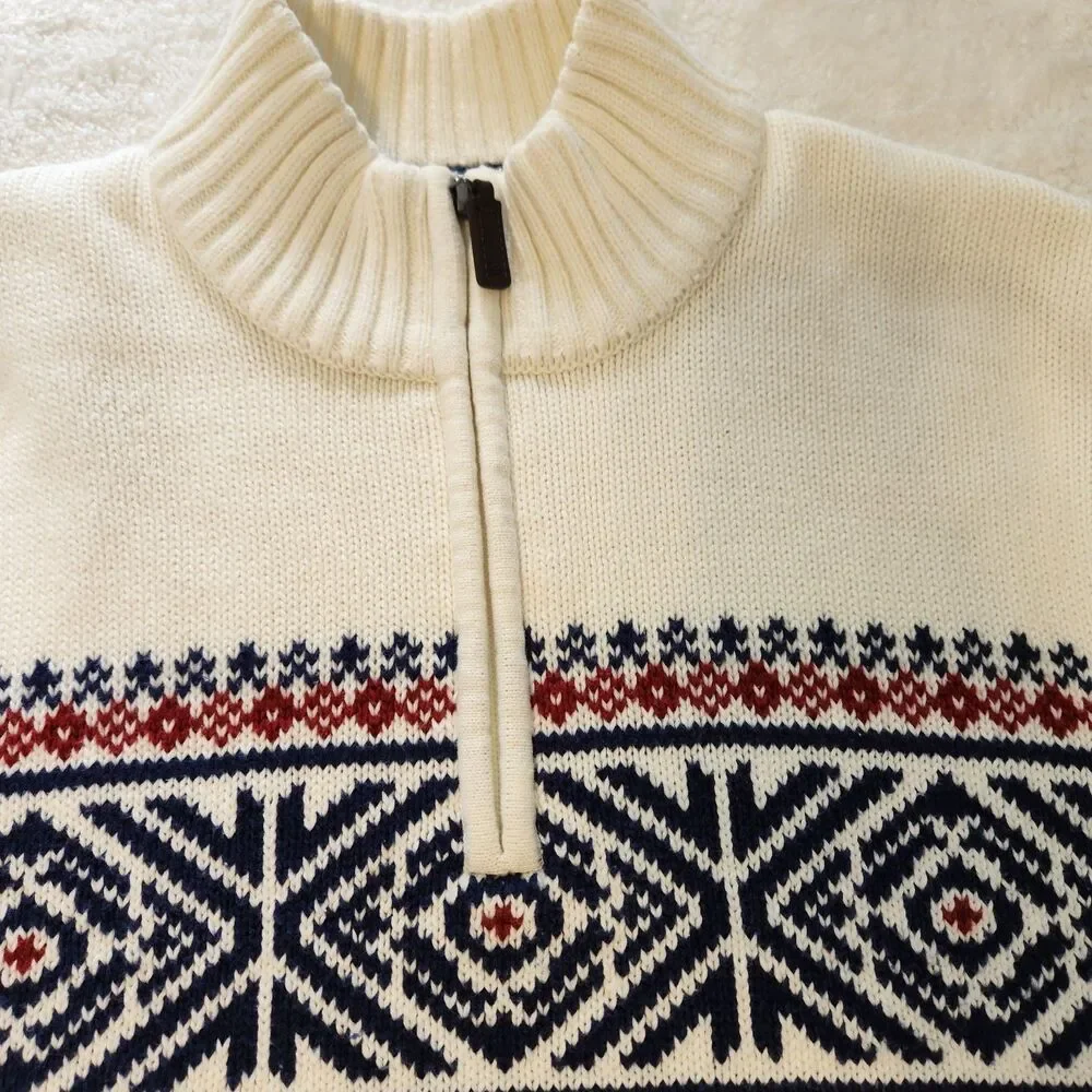 Izod Mens L Knit 1/4 Zip Sweater Ski Lodge Fair Isle Nordic Ivory Navy Red